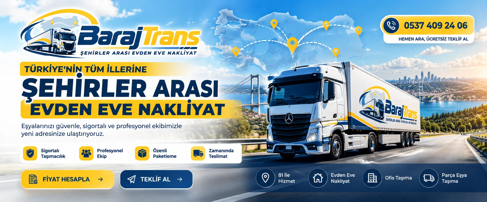 BarajTrans şehirler arası evden eve nakliyat kamyonu ve Türkiye haritası
